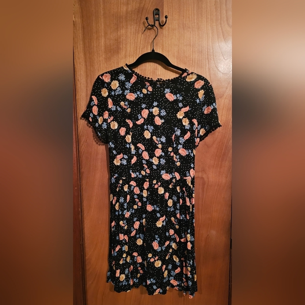 Xhilaration Black Floral Skater Mini Dress Pom Trim Short Sleeve